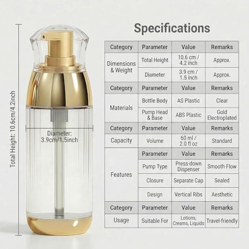 Upstore 2 Pcs 60ml 2oz Clear Plastic Lotion Bottles with Gold Pump Leak Proof Refillable Travel Dispenser Empty Cosmetic Containers for Shampoo Liquid Soap Foundation Essential Oils — view 2