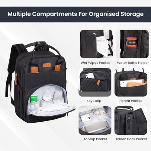 ASAB Baby Changing Backpack with Changing Mat Pacifier Holder Waterproof Diaper Nappy Changing Bag with Adjustable Stroller Straps Multi Pockets Double Zipper Baby Bag for Mum and Dad (Black) — view 6