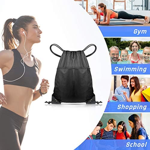 CHEPULA Drawstring Bags, Large Black Sports Backpack String Swim Drawstring Gym PE Bags for Women Men, Travel Beach Bag with Waterproof — view 4