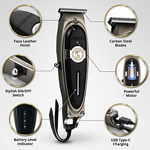 BARBOSSO Beard Hair Trimmer Men Rechargeable via USB-C - 90 Min Battery - Cordless Clippers - Mens Electric Shaver Razor - Male Face Grooming Kit - Stubble, Moustache, Sideburn, Bald Head — view 2