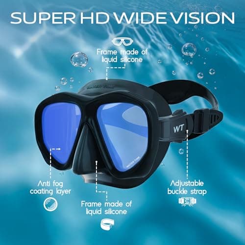 Tempered Snorkel Diving Mask Extra Wide View UV Protection Scuba Mask, Blue — view 2