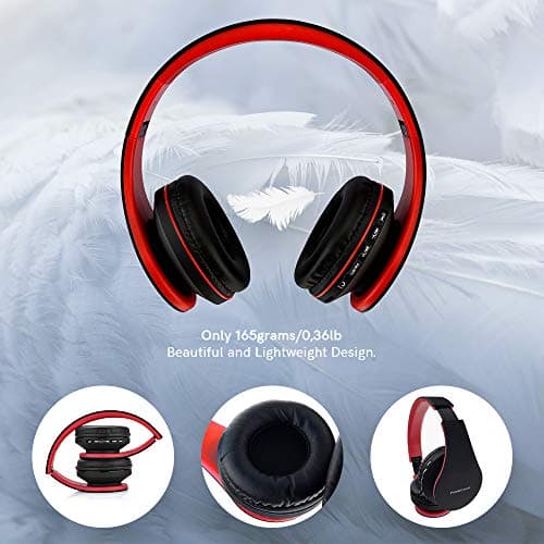 PowerLocus Wireless Bluetooth Over-Ear Stereo Foldable Headphones, Wired Headsets Noise Cancelling with Built-in Microphone for iPhone, Samsung, LG, iPad (Black/Red) — view 2