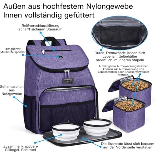 BAGLHER 丨Dog Travel Bag, Airline Approved Pet Supplies Backpack, Dog Travel Backpack Accessories Set with 2 Silicone Collapsible Bowls and 2 Food Baskets. Purple — view 4