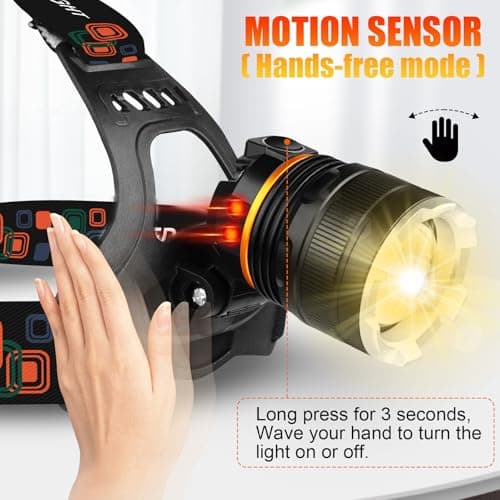 Head Torch Rechargeable,Super Bright 5000LM 6 Modes LED Headlight with Red Warning Light Motion Sensor,5200mAh USB Rechargeable Waterproof Adjustable Headlamp for Camping Running Fishing Outdoor — view 3