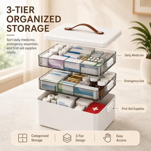 Refein Large Medicine Storage Box 3 Tier with Lock - First Aid Box Organiser for Home Car Travel, Portable Medication Storage Container with Handle & Secure Lid — view 4