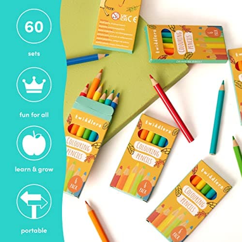 THE TWIDDLERS 60 Boxes of Mini Colouring Pencils - 6 Per Box, 360 Total - Easy Grip Round Barrel, 9cm Length, Multipack Party Bag Fillers for Kids Birthdays, Classroom Class Gifts — view 3