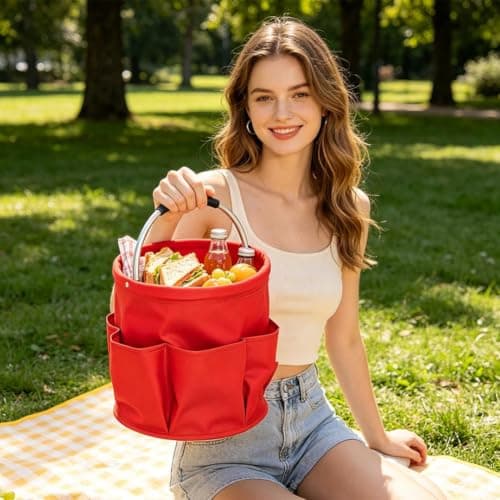 Cleaning Caddy for Cleaning Supplies, Foldable Cleanings Supplies Organizer Bucket with Handle, Waterproof Wear-Resistant, Portable Multi Bucket Bag for Camping, Beach, Gardening (Black) — view 5