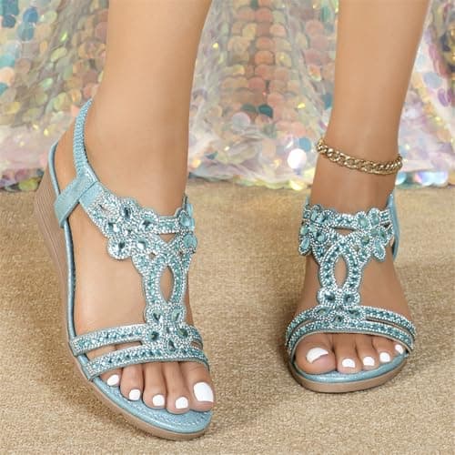 Women's Bohemian Rhinestone Wide Fit Wedge Sandals T Strap Dress Shoes Elastic Heel Strap Soft Insole Flats Non Slip Open Toe Comfortable Walking Sliders,Light Blue, Size 5.5 — view 3