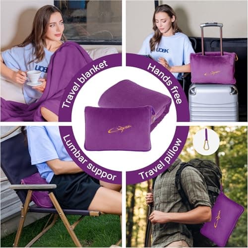 CLEXION Travel Blanket & Pillow Set, 300 GSM Soft Fleece, 60x43 Inches, 3-in-1 Airplane Blanket, Travel Pillow and Blanket Set, Travel Blanket Airplane Compact with Bag, Travel Essentials, Violet — view 3