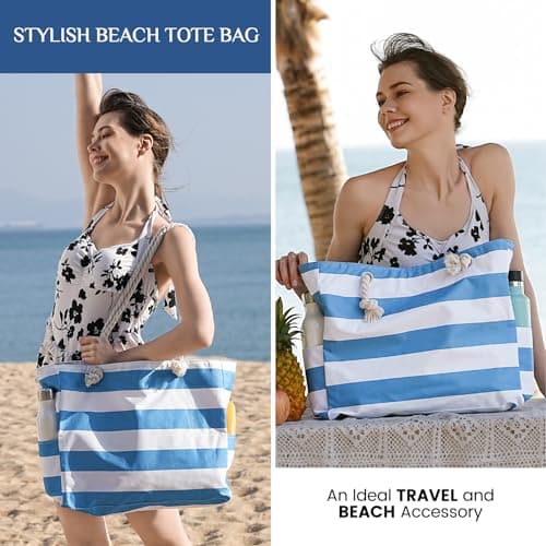 WORPICE Beach Bag - Large Zippered Bag with Adjustable Rope Handle, Durable Shoulder Bag for Travel, Gym, Shopping, Pool, Picnic Essentials — view 2
