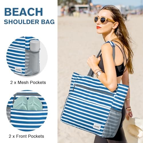 G4Free 50L Large Beach Bag Women Tote Bag with Makeup Bag Zipper Pocket Waterproof Sandproof (Navy Stripe) — view 5
