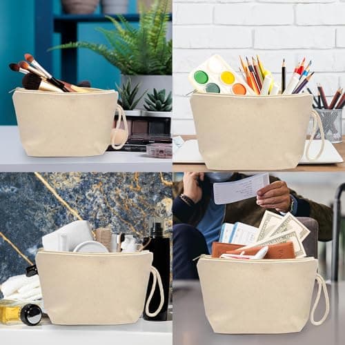 Plain 100% Cotton Canvas Multi-Purpose Wash, Toiletry, Cosmetic, Make Up Bag, Pencil, Stationary, School, Arts & Crafts Case Bag with Handle Loop – Natural Off White - Pack of 1 — view 6