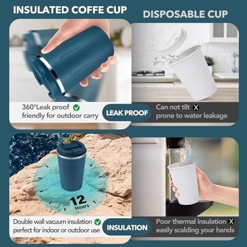 Volhoply 360ml 12oz Double Wall Insulated Vacuum Travel Coffee Mugs with Flip Lid Bulk 2 Pack,Reusable Stainless Steel Leak Proof Coffee Cup,Thermal Tumbler for Cold&Hot Drinks(Assort Color,2 Set) — view 3