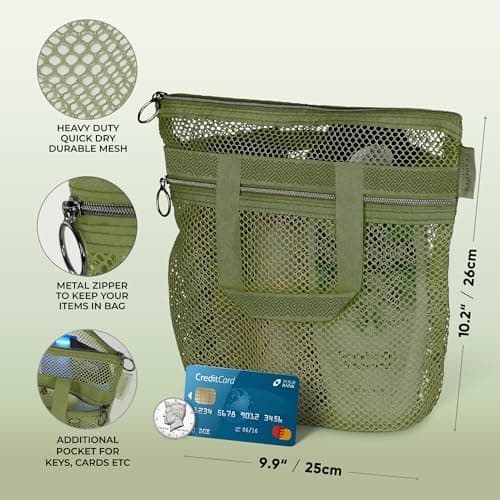 DV Lifestyle Mesh Shower Bag 25 x 26cm Caddy with Zipper & 2 Pockets. Quick-Dry Portable Toiletry Tote for Bathroom, Gym, Travel, Camp, Beach, for Sunscreen, Dorm & College Essentials (Olive Green) — view 3