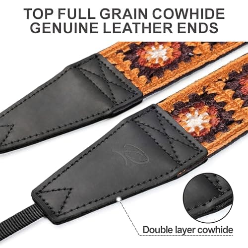 Padwa Lifestyle Yellow Crochet Camera Strap - 2" Full Grain Leather Ends Camera Straps for Photographers, Vintage Embroidered Cotton Soft Suede Fabric Padded Strap with Quick Release fits All Cameras — view 2