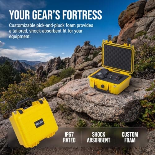 MEIJIA IP67 Waterproof Hard Protective Case,Compact Hard Camera Case,Small Hard Case with Customizable Foam, Fit Use of Drones,Camera,Lens(10.62 x9.68x4.87inches,Yellow) — view 3