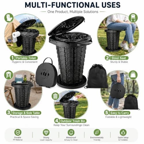 maliven Upgrade Portable Toilet for Adults, Extra Large Seat Travel Potty with Bags & Carry Handle, 18.7" Tall Adjustable Height, Collapsible Toilet for Camping, Hiking, Beach, RV and Emergency Use — view 4