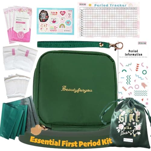 Essential Period Kit for Girls | First Period kit for Girls 10-12 | Period Bags for Teens for School | First Period Gift with Sanitary Pad Storage Bag, Wipes, Period Tracker and More (Green)