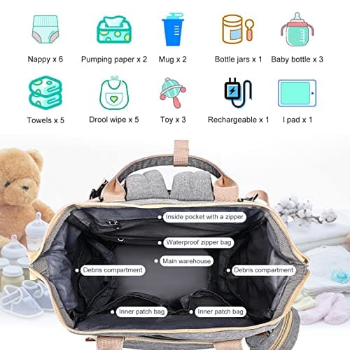 Rikmody Baby Changing Bag Backpack, Multifunctional Diaper Bags with Folding Bed, Large Capacity Nappy Backpacks Insulated Bottle Pockets, Mat, Stroller Straps, USB Port, Gray, 27*18*38cm — view 2