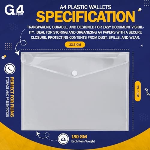 G4GADGET A4 Clear Plastic Wallets – Pack of 5, Popper Document Folders with Label Pocket & Snap Button – Multicolored Plastic Envelope for Home, Office, School & Travel — view 4