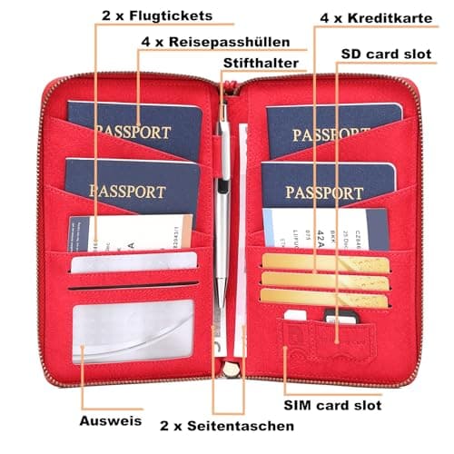 Toctax Passport Holder Travel Wallet for Family, RFID Passport Wallet Travel Document Holder for Men and Women (Red) — view 2