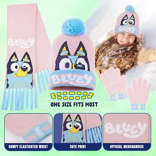 Bluey Girls Winter Accessories Set Cosy Warm Knit Hat Scarf & Kids Gloves or Beanie & Gloves School Travel, Kids Gifts (Pink Bluey 3 Pcs, 3-9 Years) — view 5