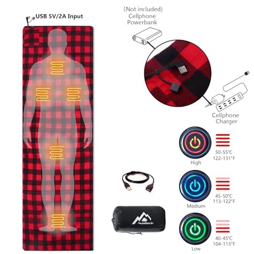 Mantuole Heated Sleeping Bag pad, 5 Heating Zones, Operated by 5V/2A Power Bank (Battery NOT Included) Black & Red Flannel. — view 3
