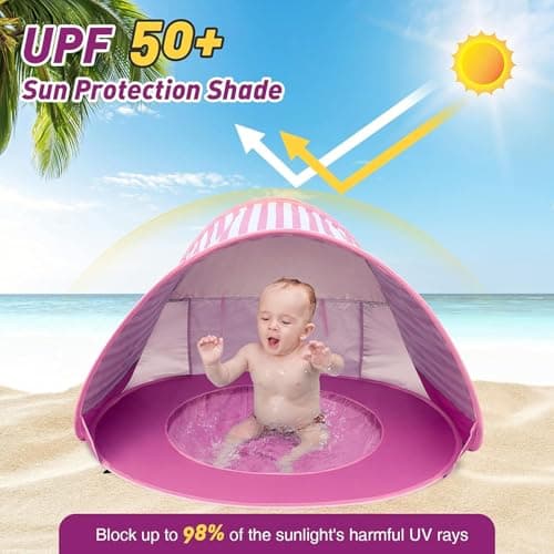 Pop Up Baby Beach Tent,Automatic Baby Sun Shade Shelter Tent with Baby Pool Portable Lightweight UV Protection Beach Tent for Baby Family Picnic Garden (Pink) — view 2
