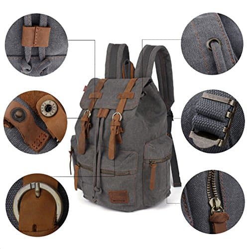 Vintage Unisex Casual Leather Backpack Canvas Rucksack Bookbag Satchel Hiking Backpack Travel Outdoor Shouder Bag (Grey) 27.9 x 16 x 41.9 cm — view 3