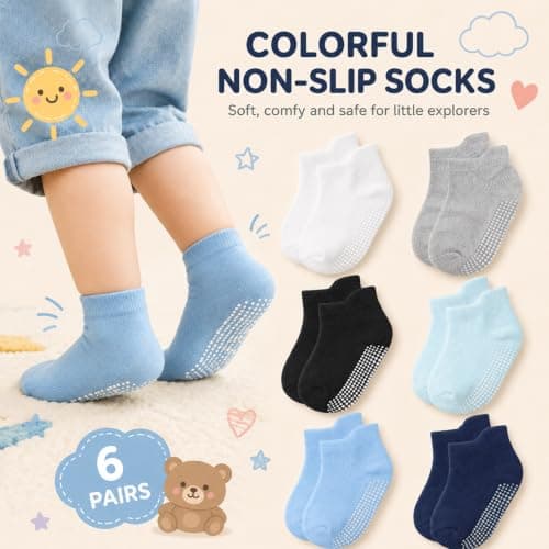 Lafefe 6 Pairs Short Style Baby Grip Socks for Boy 1-3 Years Toddler Infant Kids Children, Non Slip Toddler Socks Cotton Solid Colour — view 2