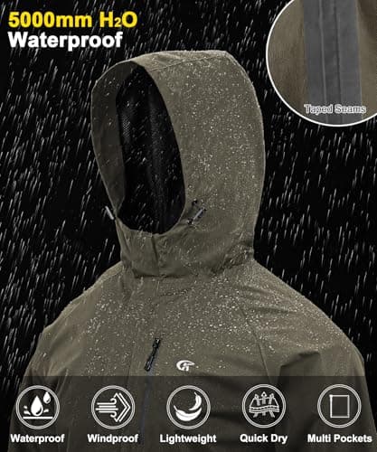 Huayuzh Mens Waterproof Jackets Men's Outdoor Rain Jacket Lightweight Coat Packable Windproof Softshell Hiking Fishing Army Green 2XL — view 3