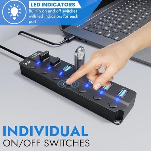 7-Port USB Hub 3.0 – Multi USB Port Hub with Individual Switches and Lights – USB Multiport Adapter Splitter – High-Speed USB Hub Extender for PC, Laptop, Macbook, Flash Drives, Mobile HDD — view 4