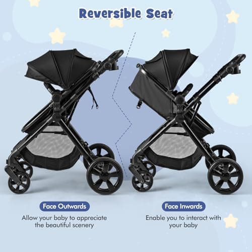COSTWAY 2 in 1 Baby Pushchair, Foldable Travel System Pram with Reversible Seat, Adjustable Canopy & Handle, Storage Basket, Cup Holder, Lightweight Infant Stroller for 0-36 Months (Black) — view 4