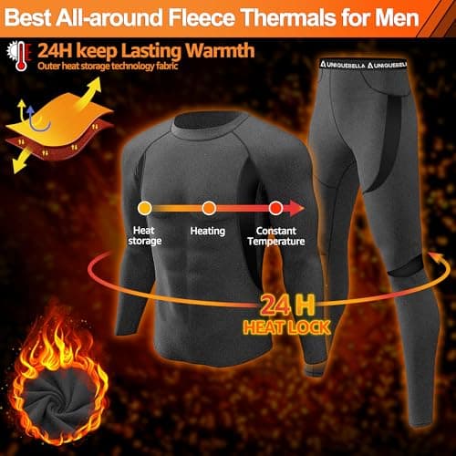 UNIQUEBELLA Mens Thermal Underwear Set Long Sleeve Tops Long Johns Thermal Base Layer Bottom Fleece Lined Quick Drying — view 3