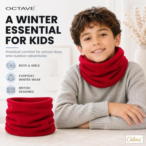 Octave® Winter Neck Warmer For Kids, Multifunctional Fleece Neck Gaiter Face Covering Mask Snood Scarf For Boy and Girls Cycling and Outdoor Sport (Red) — view 2