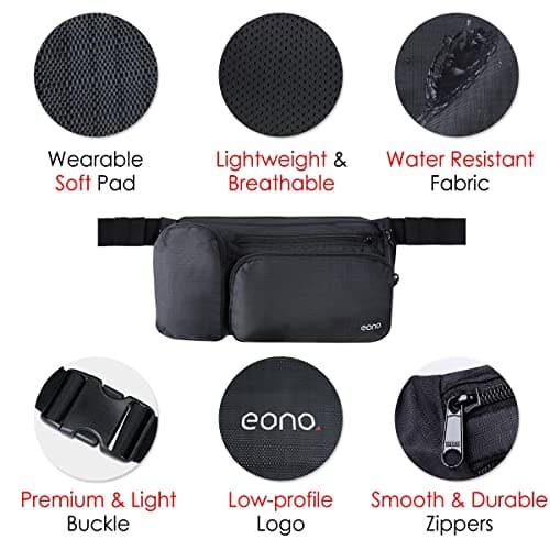 Eono Water Resistant Bum Bag with Multi-Pockets, Large Capacity Waist Fanny Pack for Hiking, Dog Walking, Travel & Outdoor Activities (Black) — view 3