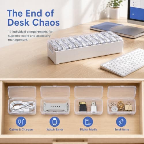 11-Slot Cable Management Box, White Stackable Wire Organizer Clear Cases — view 3