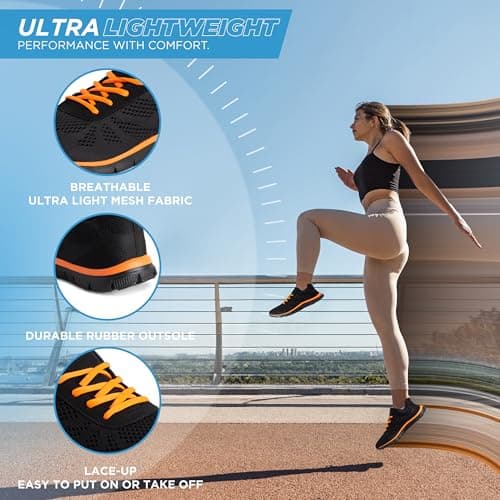 Get Fit Women’s Lightweight Trainers - Breathable Mesh Gym Walking Shoes - Comfortable Lace-Up Fitness Sneakers, Flexible Non-Slip Sole - Black/Orange - UK4/EU37 — view 4