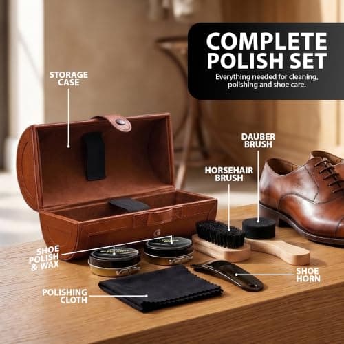 ZENO Shoe Polish Kit 7PC | Leather Shoe Care Set with Black Polish, Wax, Horsehair Brush, Dauber, Cloth, Shoe Horn & Premium Storage Case | For Leather Shoes, Boots, Bags, Belts, Wallets & Travel — view 6