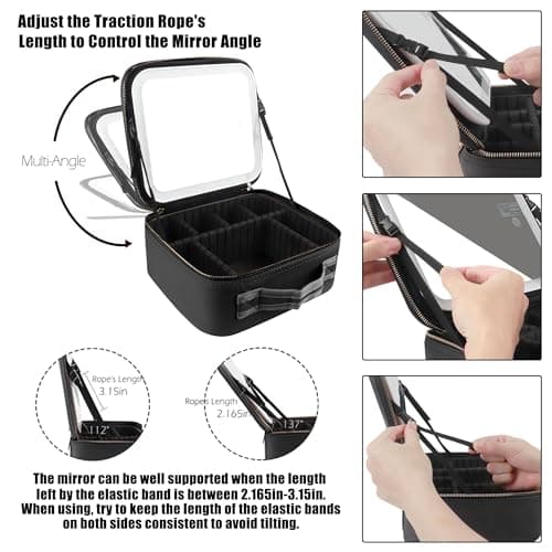 MOMIRA Travel Makeup Bag Cosmetic Bag Makeup Organizer Bag with Lighted Mirror, Adjustable Brightness in 3 Color Scenarios, Waterproof Makeup Train Case, Gift for Women - Black — view 6
