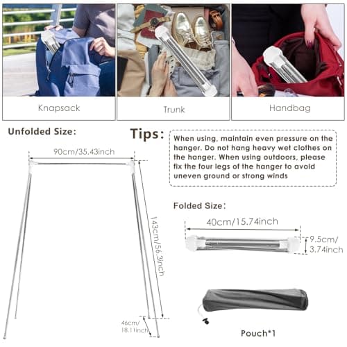 Stainless Steel Foldable Drying Rack, Extendable Portable Clothes Rail, 143×90×46cm Small Adjustable Clothes Rail, Folding Hanging Rails for Clothes with Storage Bag for Bedroom Home Dorm Camping — view 2