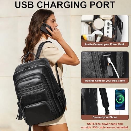 Shrrie 17 Inch Laptop Backpack for Women,Vegan Leather Backpack Purse,28L Work Business College Travel Computer Backpacks with Pouch Pocket for Large Capacity Cup & USB Charger,Black — view 4