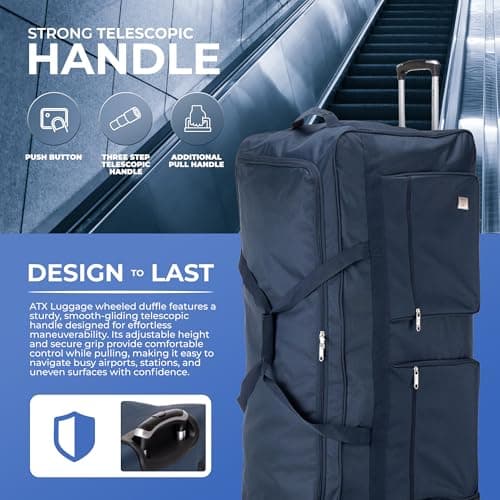 ATX Luggage 40" Jumbo Wheeled Duffle Bag Lightweight Rolling Wheels Suitcase Extra Durable Holdall for Sports Travel and Cargo | Navy — view 4