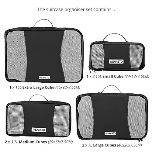 Savisto Packing Cubes 6 Piece Set, Durable & Lightweight Travel Essentials For Suitcases - Includes 1 XL, 2 L, 2 M, 1 S - Available in 8 Stylish Colours - Black — view 6