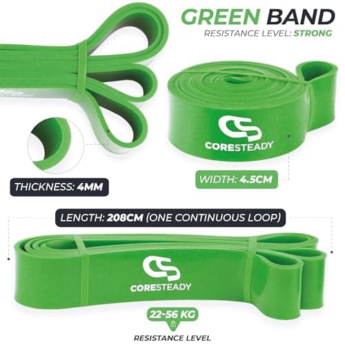 Coresteady Pull Up Bands & Resistance Bands - Rubber Heavy Duty Elastic Loop Band for Men & Women - Build Fit Power & Muscle - Training, Fitness Assist Pull Ups & Gym Exercise - Green, 22-56kg — view 2