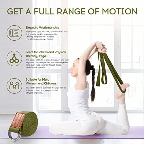 voidbiov D-Ring Buckle Yoga Strap 1.85 or 2.5M, Durable Cotton Adjustable Belt Perfect for Holding Poses, Improving Flexibility and Physical Therapy Avocado Green — view 6