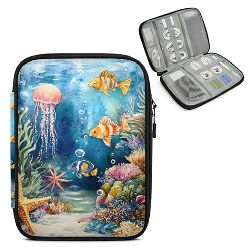 Mintoprints Ocean Seaworld Travel Electronic Organizer Case, Octopus Coral Fish Tech Organizer Pouch Cord Storage Bag for Phone, Cable, Charger, Accessories