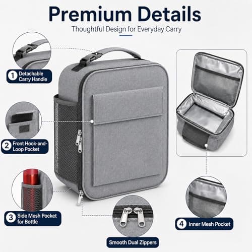 Lunch Bag for Men Women, Reusable Large Capacity Insulated Lunch Bag with Handle, Front Pocket and Side Mesh Holder, Portable Cool Bag for Work School Travel Picnic, Grey — view 4