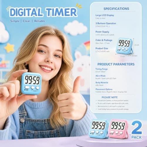 Antonki 2 Pack Digital Timer for Kids Teacher Kitchen - Soft Pink/Sky Blue — view 5
