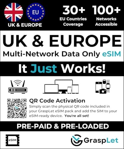 UK & EU 4G/5G Multi-Network Travel Data-Only eSIM, Automatically Connects to the Strongest Network in the UK & Europe | Compatible with eSIM Devices (2GB - 12 Months)
